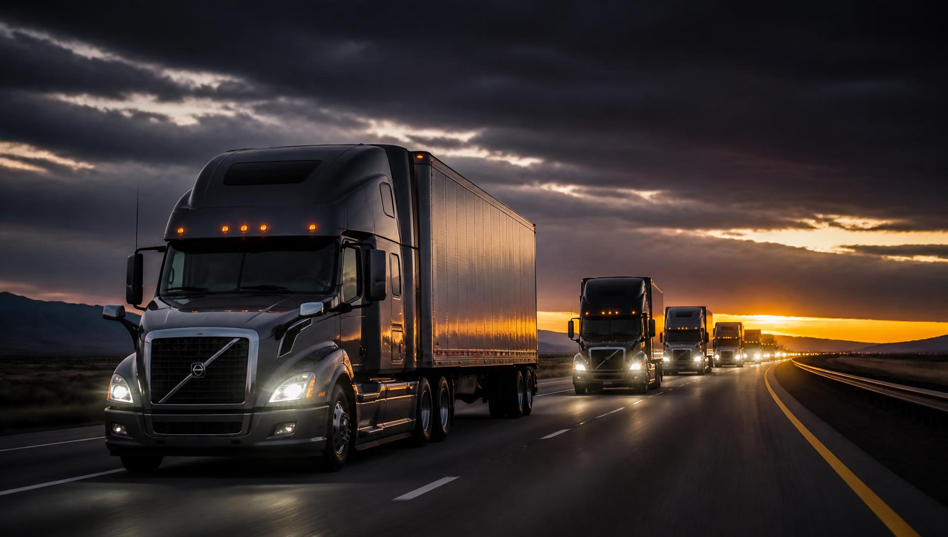 Convoy of modern semi trucks on an American interstate at dusk