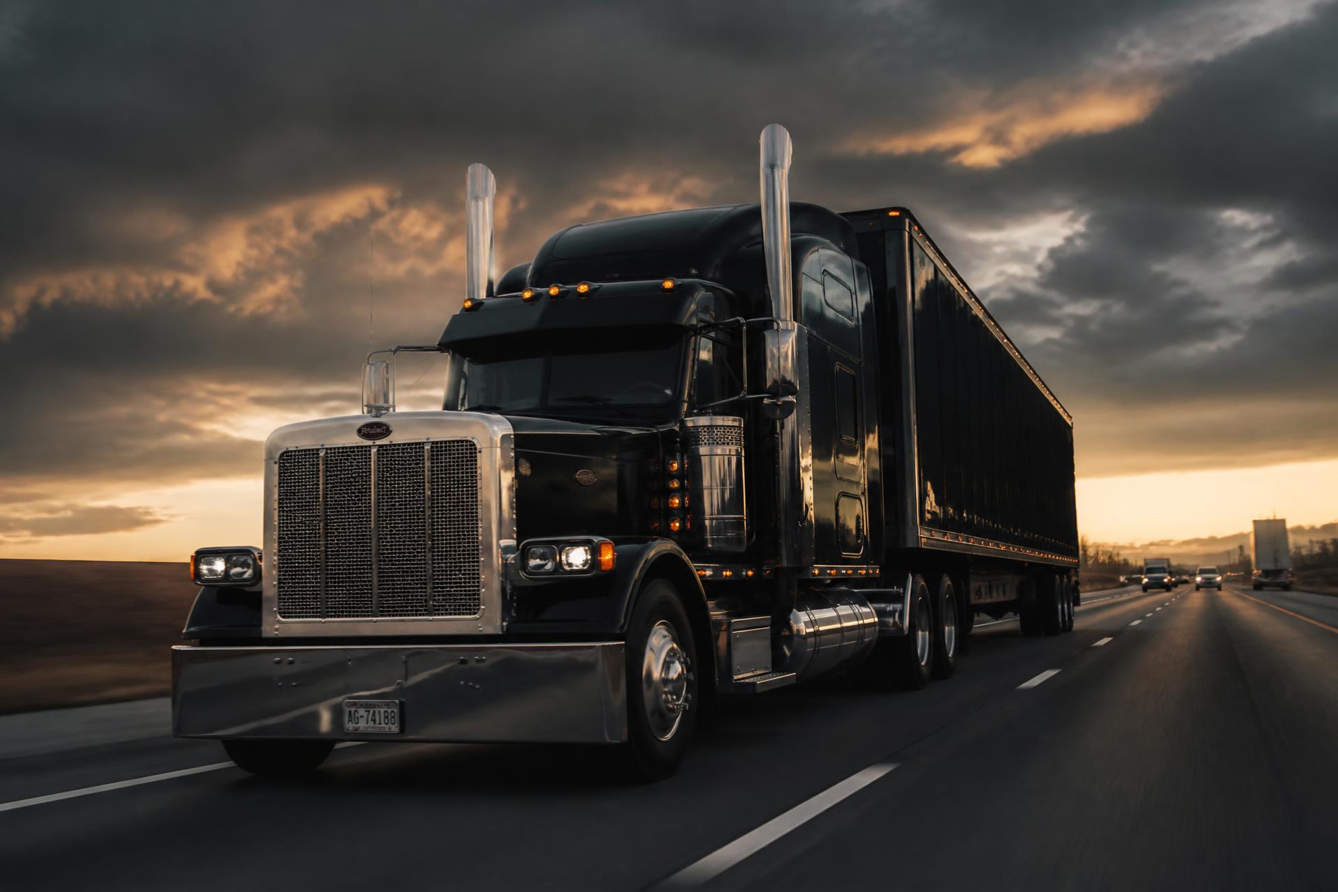 Black semi truck driving on an American interstate highway at sunset