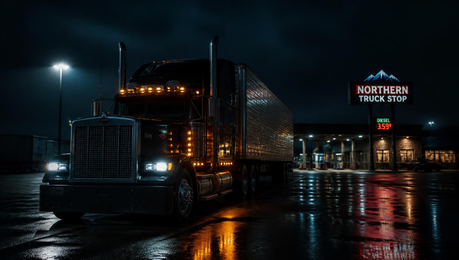 Semi truck parked at a truck stop at night